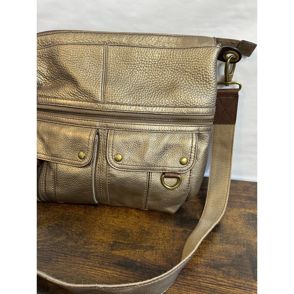 Fossil Metallic Bronze Pebbled Leather Utility Crossbody Bag Multi Pocket Large - Picture 5 of 16